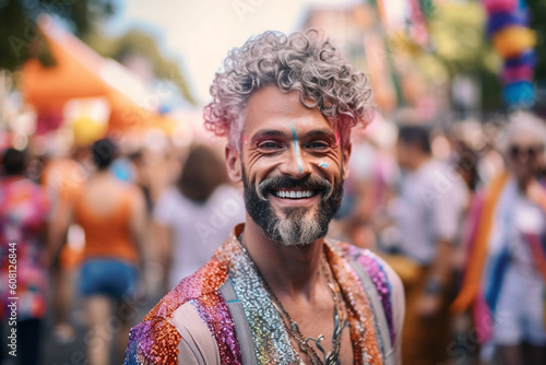 Portrait of a gray-haired elderly man with a beardwith rainbow LGBTQIA flag on the face Bisexual Gay Celebrates Pride Month Coming Out Day. High quality photo Generative AI