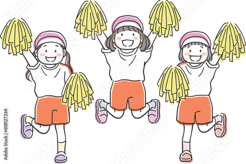 ポンポンを持って元気に踊る運動着姿の子供のイラスト素材