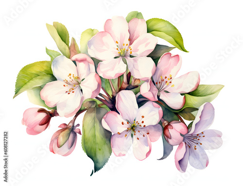 Watercolor floral apple blooms isolated