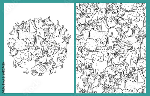 Cute farm animals coloring pages set. Doodle background with hen, cow, pig, sheep and other farm characters for coloring book in US Letter format. Vector illustration