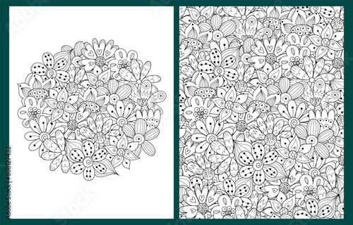Coloring pages set with hand drawn flowers in zentangle style. Doodle floral templates for coloring book in US Letter format. Collection with black and white backgrounds. Vector illustration