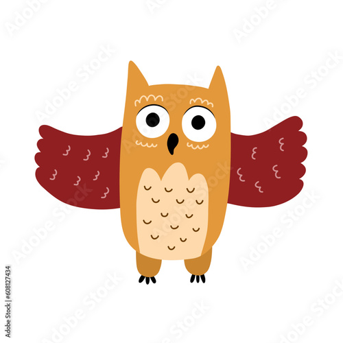 Cute owl print in cartoon style. Funny bird character isolated on white background. Doodle owl for kids and nursery design. Vector illustration