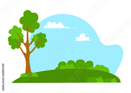 illustration of a park with trees and grass on a sunny cloudy day
