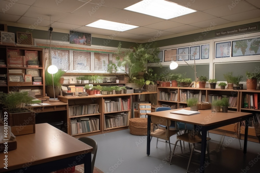 Library with books in bookcases and places for reading, generative AI Library with books in bookcases and places for reading, generative AI