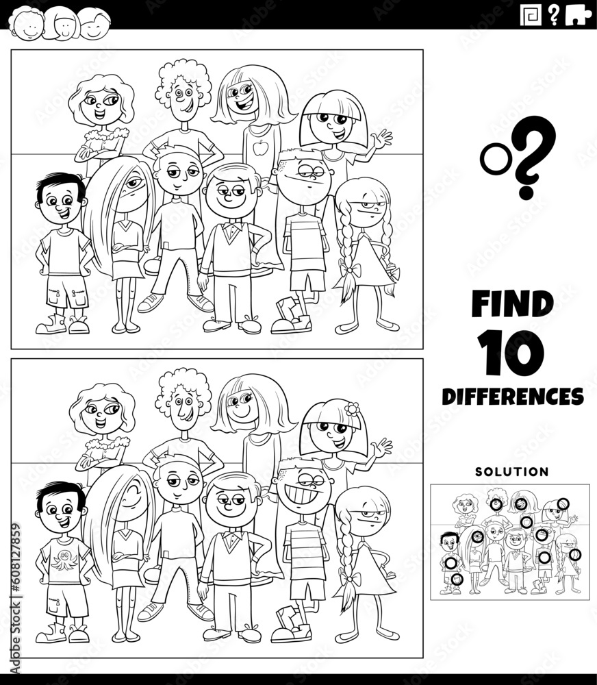 differences game with cartoon children or teens coloring page