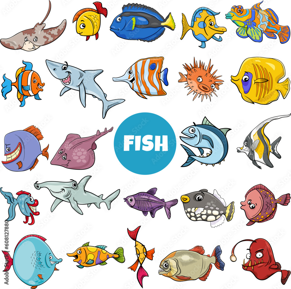 cartoon fish marine animal characters big set