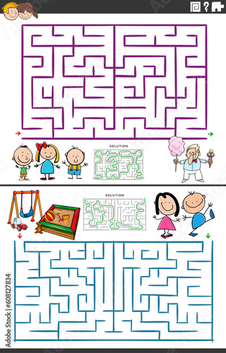 maze activity games set with cartoon children characters