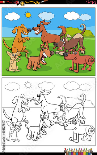 cartoon dogs and puppies characters group coloring page