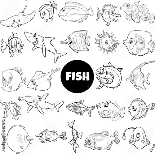 cartoon fish marine animal characters set coloring page