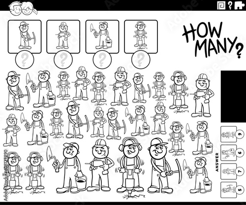 how many cartoon workers counting game coloring page