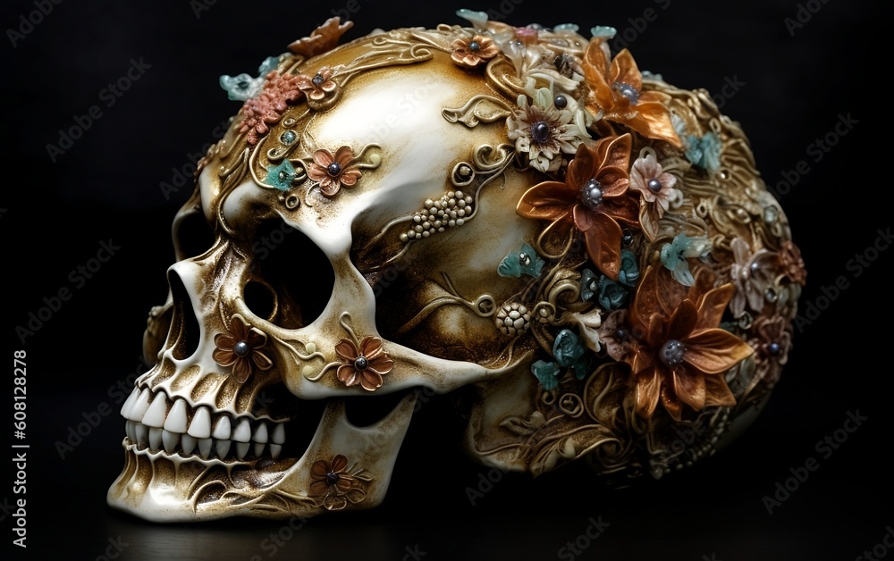 Old human skull with flowers. Generative AI technology.