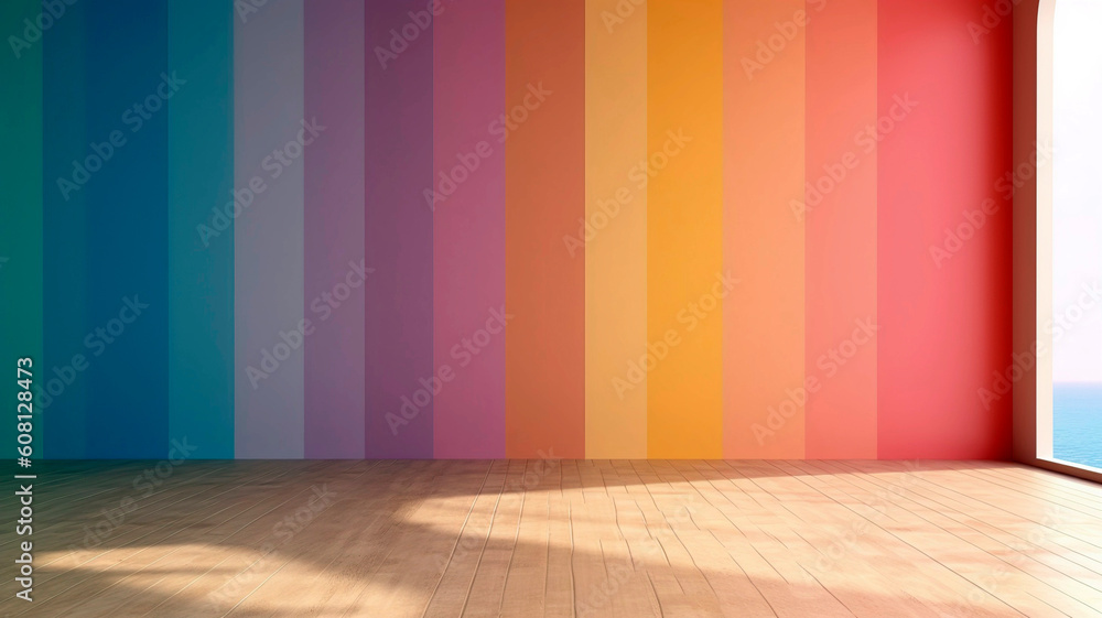 Empty minimalistic background with rainbow walls for presentations.