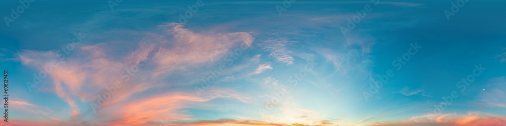 Sunset sky panorama with bright glowing pink Cirrus clouds. HDR 360 seamless spherical panorama. Full zenith or sky dome for 3D visualization, sky replacement for aerial drone panoramas.