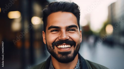 Radiant Smiling Man in Eye-Catching Surroundings. Generative AI