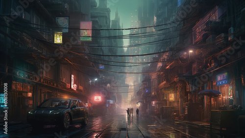 Digital painting of a street in a foggy city at night.AI Generate