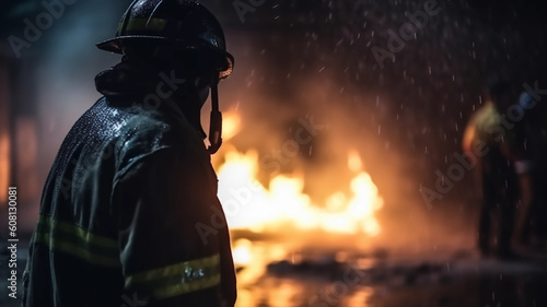 Firefighter fighting fire in the night. Firefighter in action.AI Generate