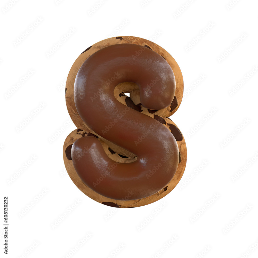 3d rendering of the S letter recreating a cookie with chocolate on top 3d rendering of the S letter recreating a cookie with chocolate on top