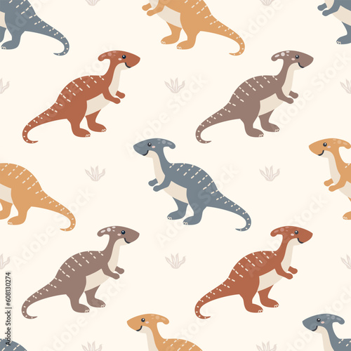 Seamless Pattern with Cute Dinosaurs. Funny Cartoon Animals Background  Childish design for baby clothes  t-shirts  wrapping  fabric  textiles and more. Vector Illustration