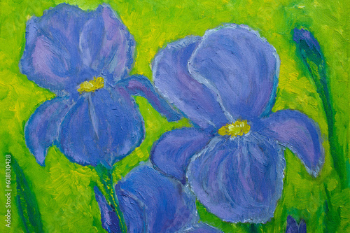 oil painting with blue flowers irises, floral still life