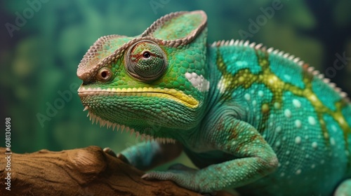 Chameleon close up. Multicolor beautiful reptile with colorful bright skin on a background of grass and leaves. Generative AI.