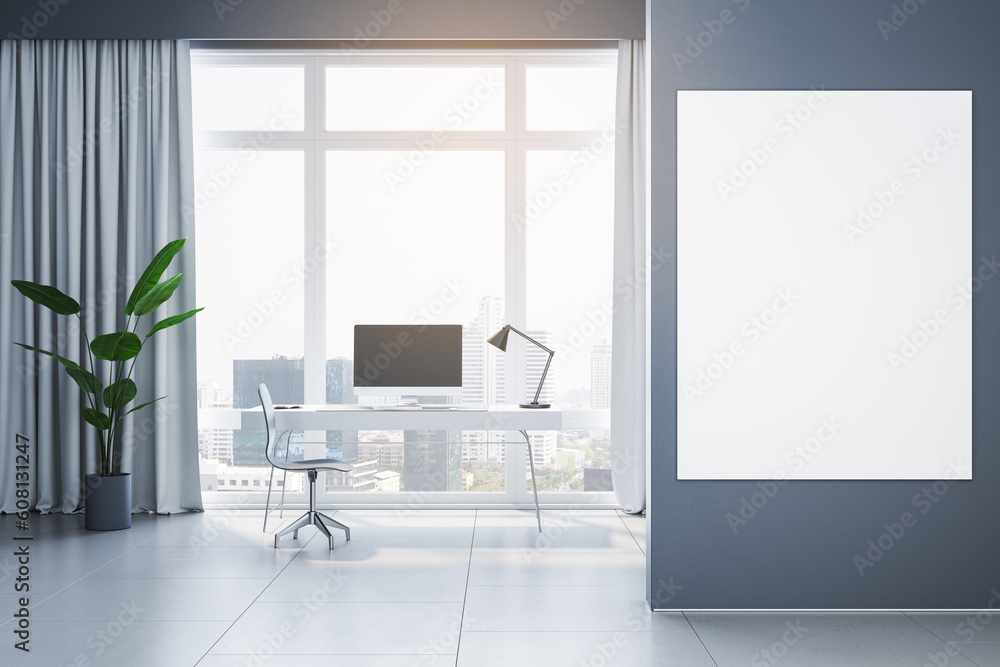 Modern home office interior with empty white mock up poster on wall, furniture, equipment, panoramic window with city view, curtains and concrete flooring. 3D Rendering. Modern home office interior with empty white mock up poster on wall, furniture, equipment, panoramic window with city view, curtains and concrete flooring. 3D Rendering.
