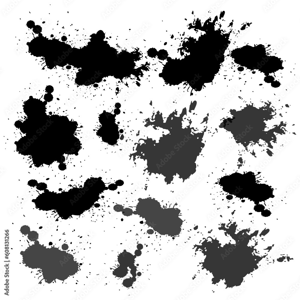 Ink drops and splashes. Blotter spots, liquid paint drip drop splash and ink splatter. Artistic dirty grunge abstract spot vector set. Illustration monochrome drip splash Ink drops and splashes. Blotter spots, liquid paint drip drop splash and ink splatter. Artistic dirty grunge abstract spot vector set. Illustration monochrome drip splash