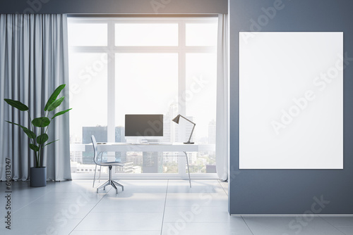Modern home office interior with empty white mock up poster on wall, furniture, equipment, panoramic window with city view, curtains and concrete flooring. 3D Rendering.