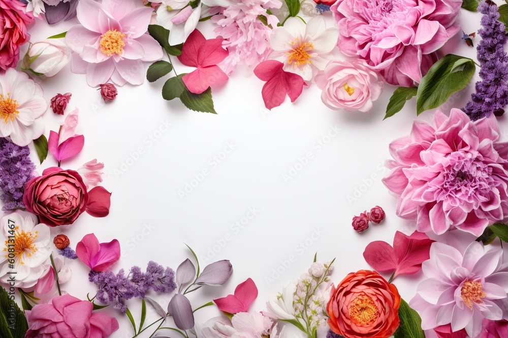delicate flowers on a white background. space for writing inside. floral background. flowering spring. natural beauty Flat lay, top view, copy space, generative ai, delicate flowers on a white background. space for writing inside. floral background. flowering spring. natural beauty Flat lay, top view, copy space, generative ai,