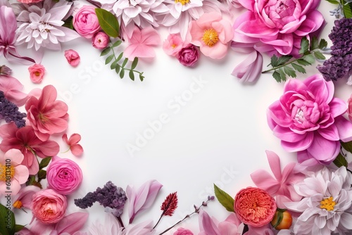delicate flowers on a white background. space for writing inside. floral background. flowering spring. natural beauty Flat lay  top view  copy space  generative ai 