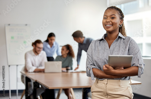 Smile, boardroom and portrait of a black woman with a tablet for training, meeting or teamwork. Happy, business and a corporate employee with technology in a work office for company planning photo