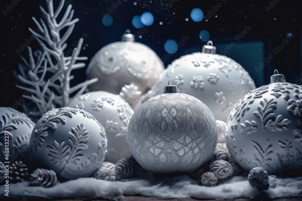 White christmas balls lying on a floor with snow cover, Generative AI White christmas balls lying on a floor with snow cover, Generative AI