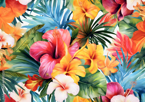 Watercolor tropical summer floral collage texture background