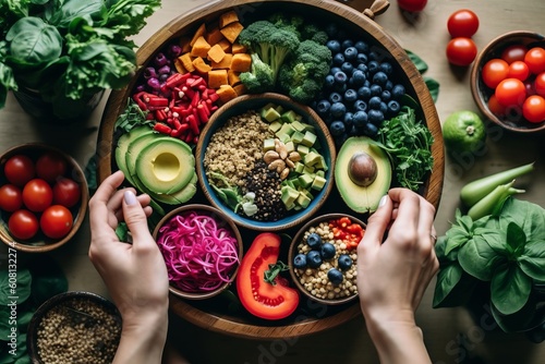 Image of a woman assembling a colorful Buddha bowl, with a variety of proteins ,vegetables and grains. Generative Ai