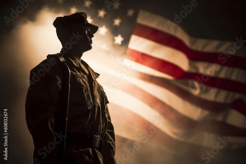 A silhouette of a soldier in uniform, with the American flag waving in the background. Greeting card for Veterans Day, Memorial Day, Independence Day. America celebration. Generative Ai