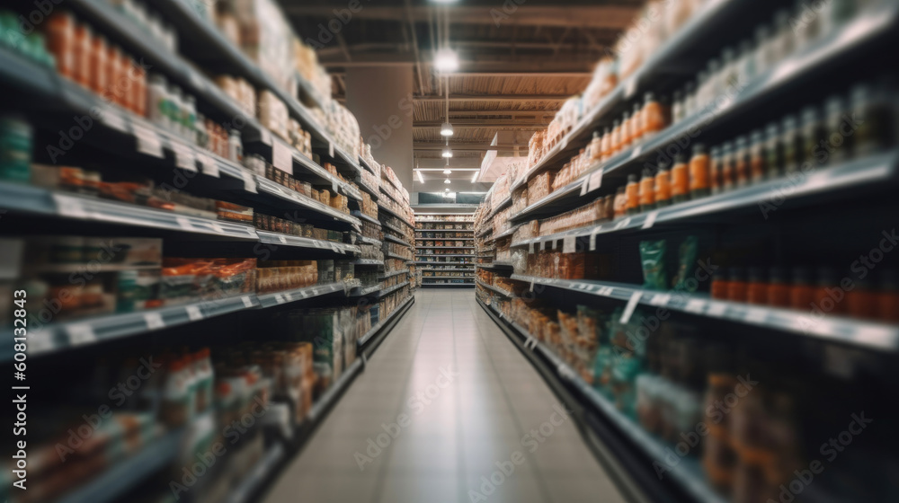 Colorful Blurred Shelves in a Supermarket. Generative AI