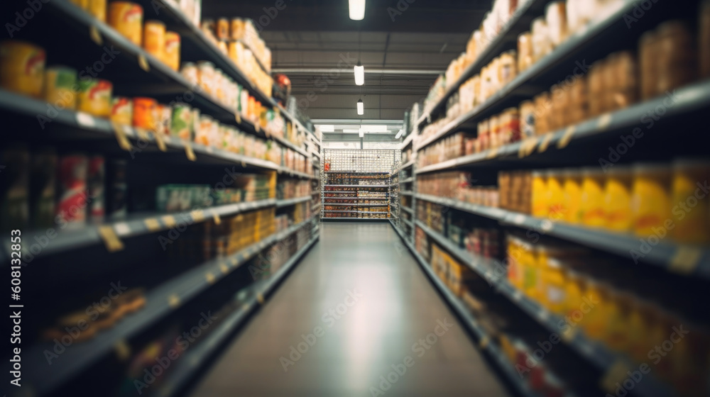 Blurred Aisle with Colorful Products in a Supermarket. Generative AI