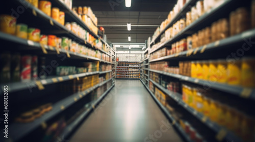 Blurred Aisle with Colorful Products in a Supermarket. Generative AI © AIproduction