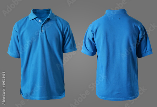 Blank collared shirt mock up template, front and back view, plain blue t-shirt isolated on grey. Polo tee design mockup presentation
