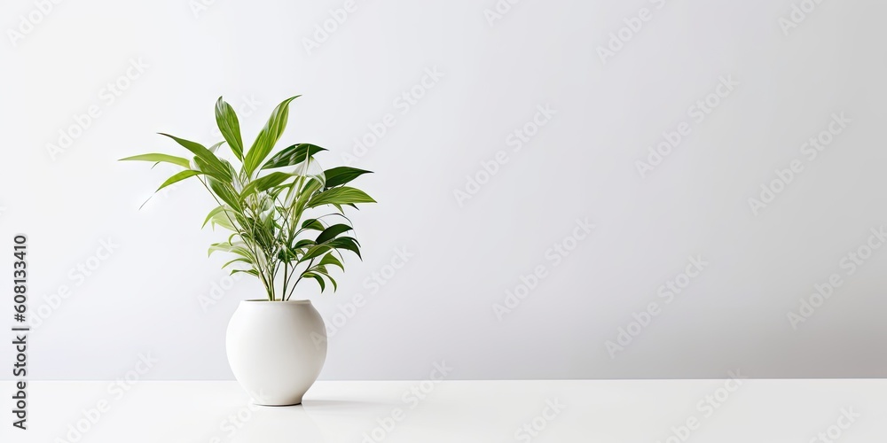 Product Showcase. Interior Design Inspiration Table with Green Plant and white Vase on a Table in house Product Showcase. Interior Design Inspiration Table with Green Plant and white Vase on a Table in house