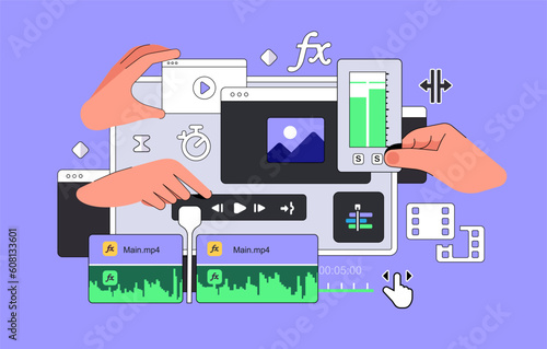 The Video Editor Program interface with hands. Big Dashboard for editing Video clips. Film Footage montage. Clip Editing Software Interface. Creating visual effects vfx. Vector illustration