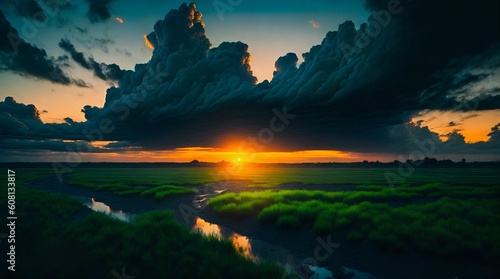 A medium shot of beautiful morning sunset after rain green land and blue cloud. Generative AI