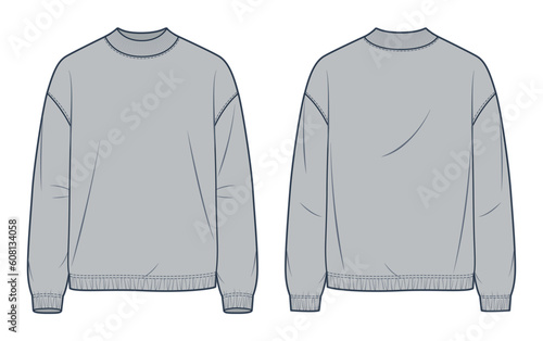 Sweatshirt technical fashion illustration. Round Neck Sweatshirt fashion flat technical drawing template, rib, long sleeve, relaxed fit, front, back view, grey color, women, men, unisex CAD mockup.