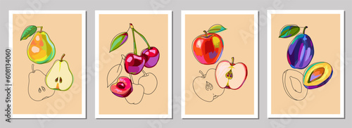 Set of posters with fruits. Apple, pear, plum and cherry on a beige background. Bright fruits and berries in cartoon style and doodles. Hand drawn. Vector for wall art, label, postcard, print, cover