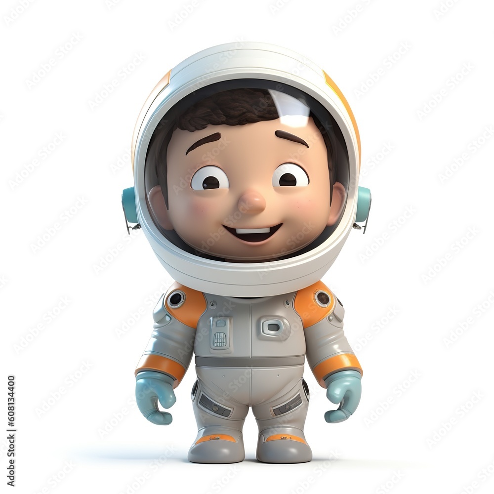 3D cartoon cute smiling character kid in astronaut suit or space suit and wearing helmet, isolated on white background, funny galaxy asset design. Ai generated 3D cartoon cute smiling character kid in astronaut suit or space suit and wearing helmet, isolated on white background, funny galaxy asset design. Ai generated