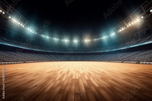 Fototapete Sport stadium with grandstands full of fans, shining night lights and wooden deck