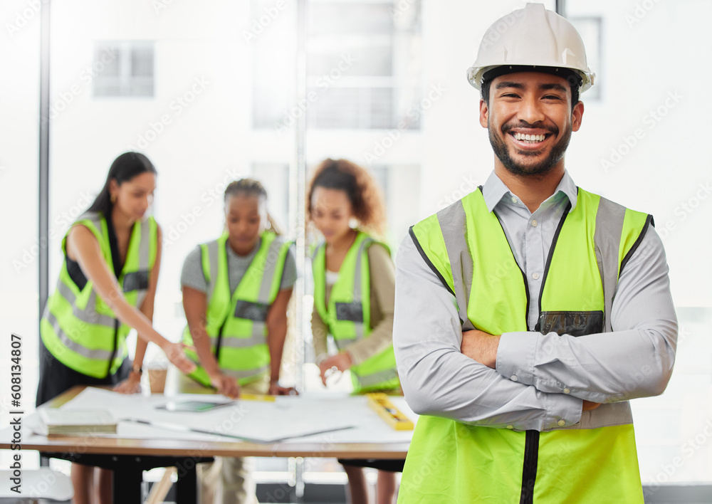 Architecture, man portrait and arms crossed in office planning, team leadership or project management. Engineering, floor plan and happy asian person, contractor or leader in construction development Architecture, man portrait and arms crossed in office planning, team leadership or project management. Engineering, floor plan and happy asian person, contractor or leader in construction development