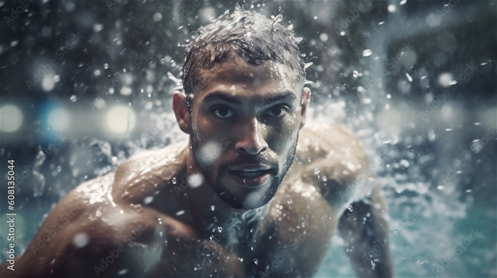 a young sporty water sportsman / swimmer looks at the camera and splashing water, generative AI a young sporty water sportsman / swimmer looks at the camera and splashing water, generative AI