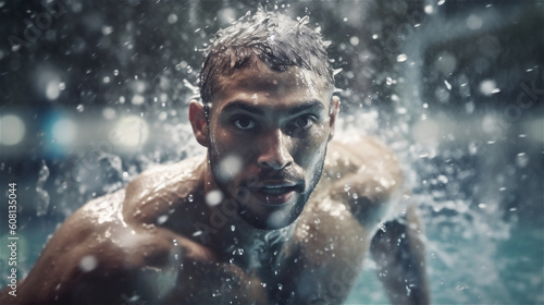 a young sporty water sportsman / swimmer looks at the camera and splashing water, generative AI