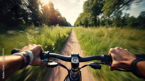 The Point Of View Of A Cyclist With Motion Blur Captures The Thrill Of The Outdoor Biking Adventure On A Path Bordered By Lush Greenery On A Sunny Day - Generative AI