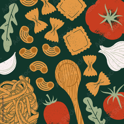 Various pasta and tomatoes with garlic and basil. Textured illustration. Italian food rectangular background. 